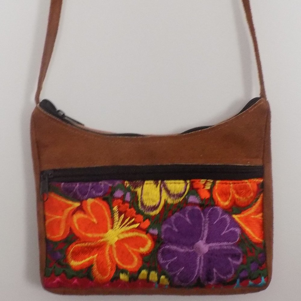 Embroidered Floral Faux Suede Crossbody Purse